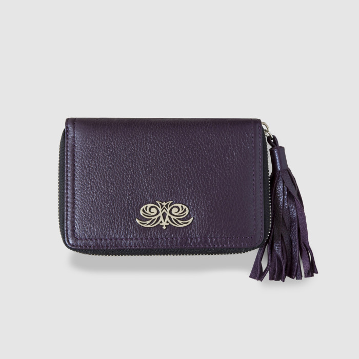 Zip around wallet NEW YORK in grained calfskin purple color and leather tassel - front view