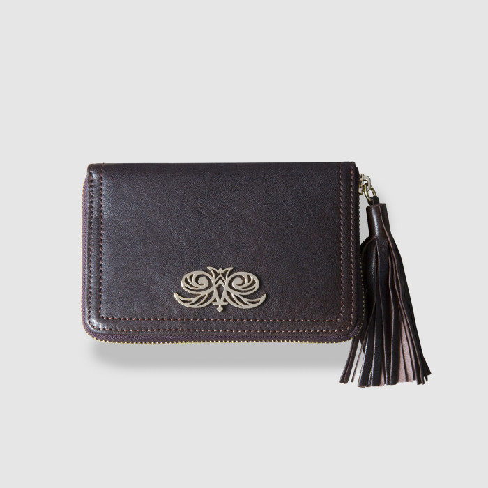 Zip around wallet NEW YORK in grained calfskin vintage brown color and leather tassel - front view