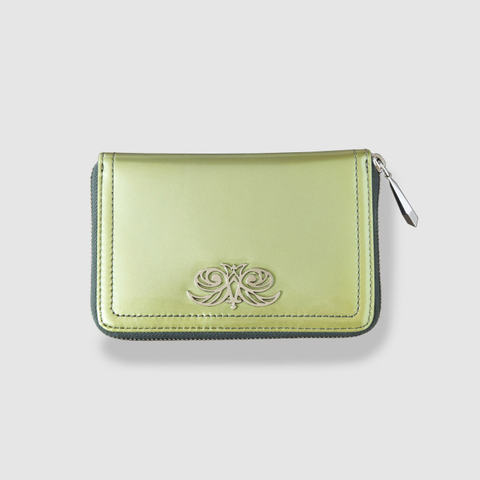 Zip around wallet NEW YORK in varnished leather, changing green color - front view