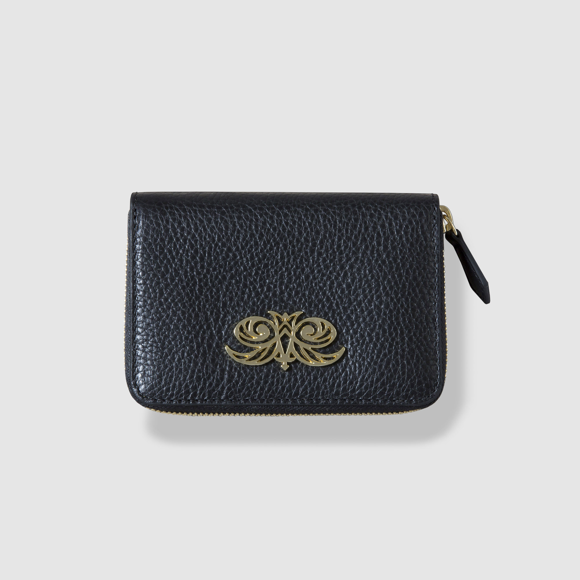 Compact zipped wallet MADRID in black grained calfskin - front view