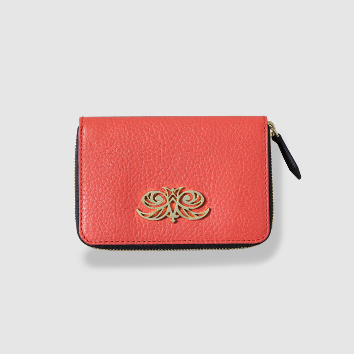 "MADRID", portefeuille compact zippée en cuir foulonné coloris hibiscus - vue de face