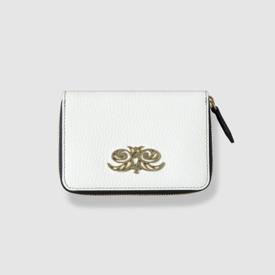 Compact zipped wallet MADRID in grained calfskin, off white color - front view