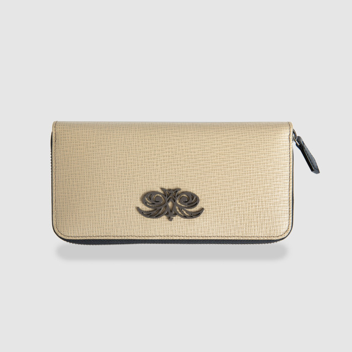 VENICE, grained calfskin continental wallet, beige color - front view