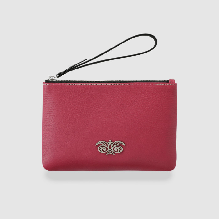 SUZY, grained leather zipper pouch in pink raspberry with black wrist strap - front view