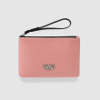 SUZY, grained leather zipper pouch in pink marshmallows color with black wrist strap - front view