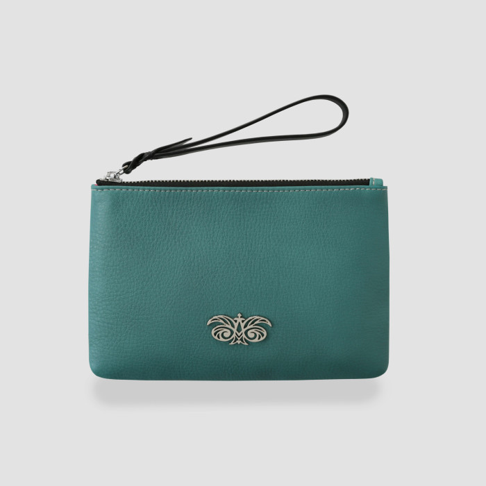 SUZY, grained leather zipper pouch in turquoise color with black wrist strap - front view