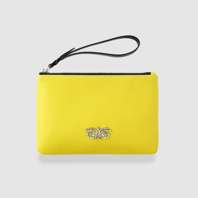 SUZY, grained leather zipper pouch, lemon yellow color with black wrist strap - front view