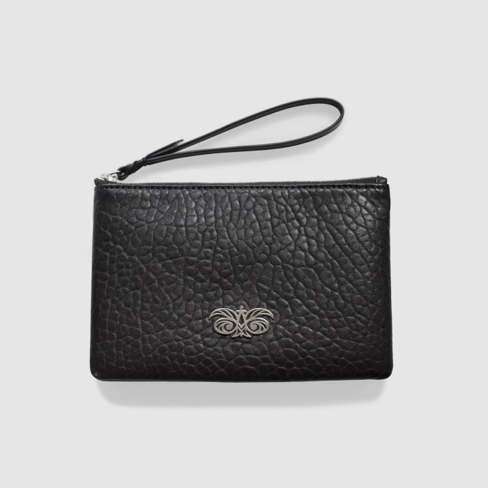 SUZY, black lambskin zipper pouch with leather wrist strap - front view