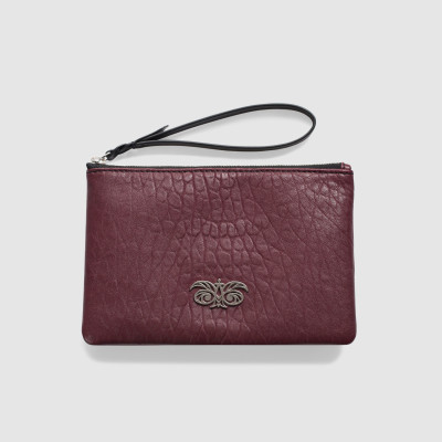 SUZY, lambskin zipper pouch, burgundy color with black leather wrist strap - front view