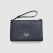 SUZY, lambskin zipper pouch, navy blue color with black leather wrist strap - front view