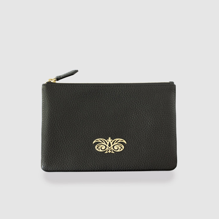 JULIE, zipper pouch in grained calfskin, black color - front view