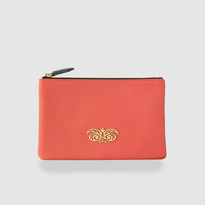 JULIE, zipper pouch in grained calfskin, red hibiscus color - front view