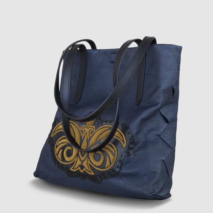 Soft lamb shopper ”Suzanne” M, navy blue color embellished with antique gold cannetille - side view