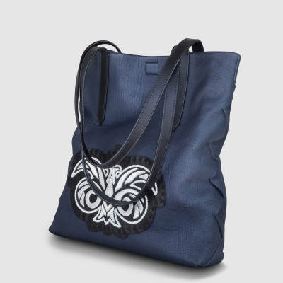 Soft lamb shopper "SUZANNE" M, navy blue color embellished with silver cannetille - side view