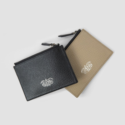 Porte-cartes zippé en cuir grainé "LOUIS", coloris noir, unisex - beige en noir