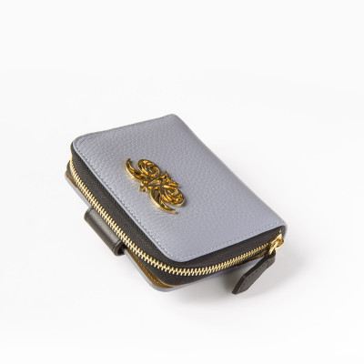 Portefeuille compact zippé "MANON" en cuir foulonné, coloris gris-lavande -et intérieur beige sable - vue de coté