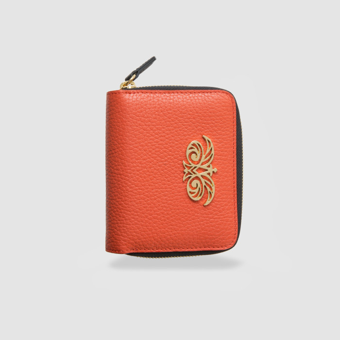 Compact zippered wallet in grained calf leather "MANON", Red Hibiscus color - front view