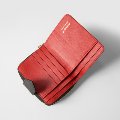 Compact zippered wallet in grained calf leather "MANON", Red Hibiscus color - open