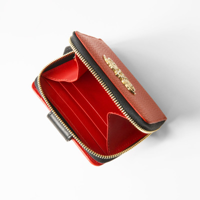 Portefeuille compact zippé "MANON" en cuir foulonné, coloris rouge-hibiscus, intérieur rouge - compartiment monnaie