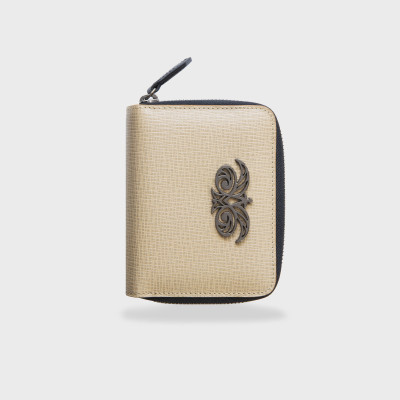 Portefeuille compact zippé "MANON" en cuir grainé, coloris beige, intérieur beige sable - vue de face