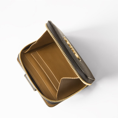 Portefeuille compact zippé "MANON" en cuir foulonné, coloris noir, intérieur beige sable - compartiment monnaie