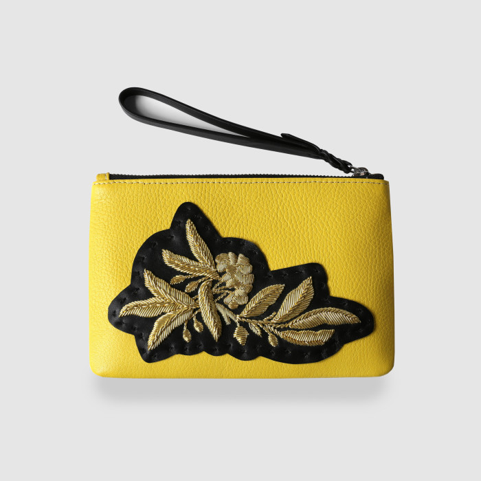 Grained leather zipper pouch "SUZY FLOWER" - yellow color and golden cannetille - black lamb base - front view