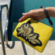 Grained leather zipper pouch "SUZY FLOWER" - yellow color and golden cannetille - black lamb base - hand