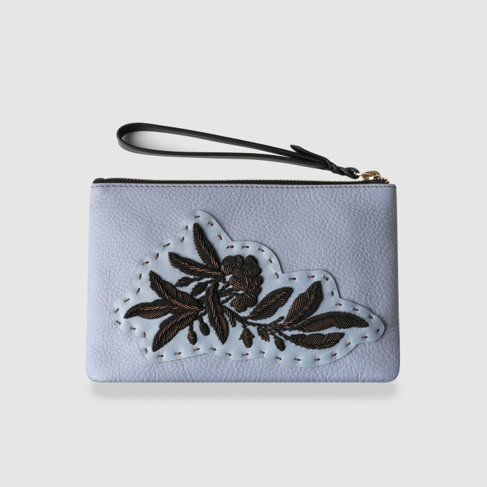Grained leather zipper pouch "SUZY BLACK FLOWER" - French blue and black - front view