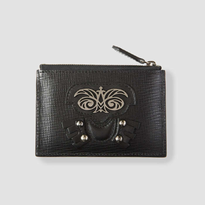 Zip pouch card holder "OWL-ROBOT" in grained calf, black color and shiny gun metals - front view