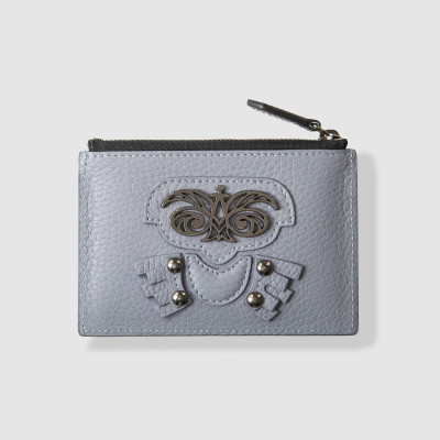 Zip pouch card holder "OWL-ROBOT" in grained calf leather, French blue color and shiny gun metals - front view