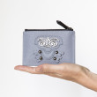 Zip pouch card holder "OWL-ROBOT" in grained calf leather, French blue color and shiny gun metals - in hand