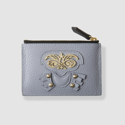 Zip pouch card holder "OWL-ROBOT" in grained calf leather, French blue color and light gold metals - front view