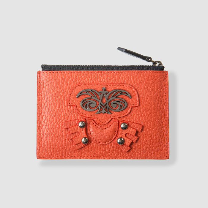 Zip pouch card holder "OWL-ROBOT" in grained calf leather, Red hibiscus color and shiny gun metals - front view