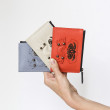 Zip pouch card holder "OWL-ROBOT" in grained calf leather, French blue, Red Hibiscus and Greige