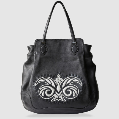 Black leather shopper "AVRIL" with silver metal Handmade Embroidery on lambskin - front view