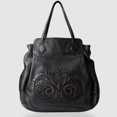 Black leather shopper "AVRIL" with black vintaged metal Handmade Embroidery on lambskin - front view
