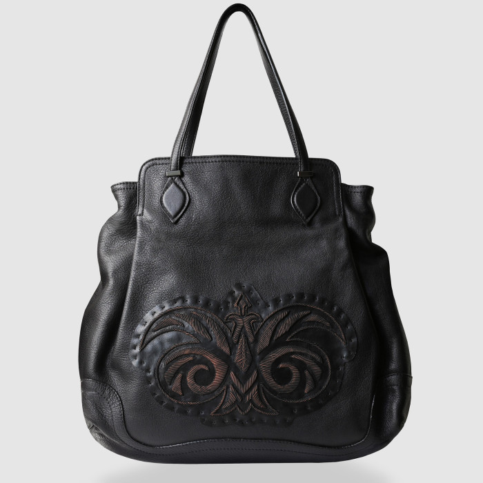 "AVRIL" sac en cuir foulonné rebrodé en cannetille noir vintage - vue de face