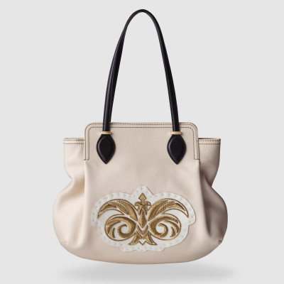 Luxury leather shopper "ADRIANA" - tender pink and metal antique gold Hand embroidery - front view
