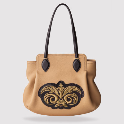 Luxury leather shopper "ADRIANA" - camel colour and metal antique gold Hand embroidery - front view