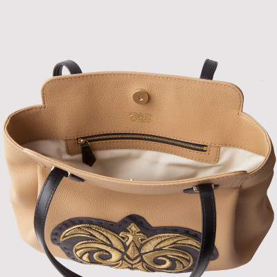 Luxury leather shopper "ADRIANA" - camel colour and metal antique gold Hand embroidery - zippered pocket inside