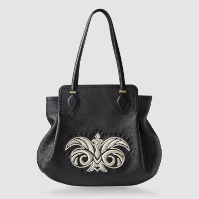 Luxury leather shopper "ADRIANA" - black and silver - metal Hand embroidery - front view