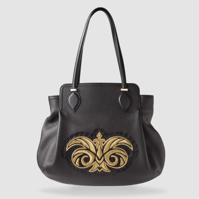 Luxury leather shopper "ADRIANA" - black and antique gold metal Hand embroidery - front view