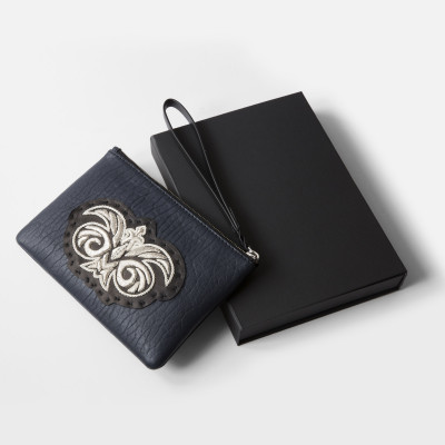 "SUZY EMBROIDERY" zipper pouch in bubbled lambskin - navy blue color and silver cannetille - black base - - with gift box