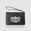 "SUZY EMBROIDERY" zipper pouch in bubbled lambskin - navy blue color and silver cannetille - black base - front view