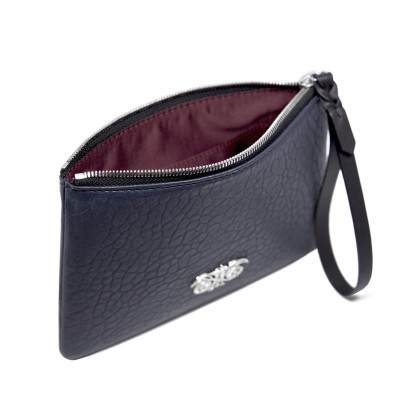 "SUZY EMBROIDERY" zipper pouch in bubbled lambskin - navy blue color and silver cannetille - black base - bordeaux lining