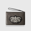 "SUZY EMBROIDERY" zipper pouch in bubbled lambskin - taupe color and silver cannetille - black base - front view