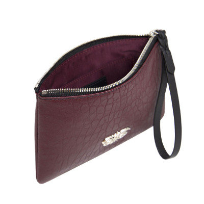 "SUZY EMBROIDERY" zipper pouch in bubbled lambskin - bordeaux color and silver cannetille - black base - bordeaux satin lining
