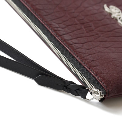 "SUZY EMBROIDERY" zipper pouch in bubbled lambskin - bordeaux color and silver cannetille - black base - detail