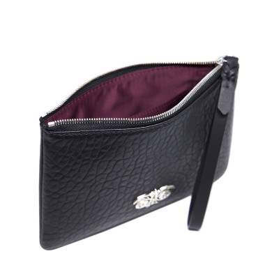 "SUZY EMBROIDERY" zipper pouch in bubbled lambskin - black and silver cannetille - black base - bordeaux satin lining