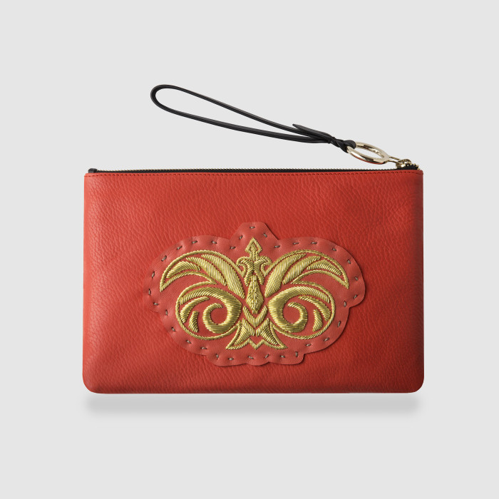"OSLO EMBROIDERY", grained leather zipper pouch, red hibiscus color with golden embroidery - front view